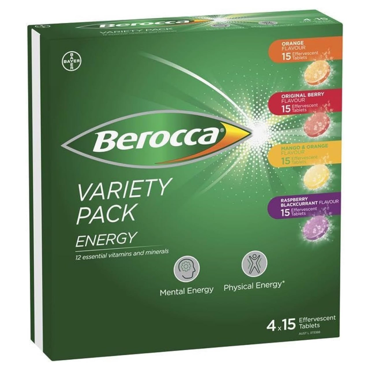 Berocca Energy Variety Pack โ 60 Effervescent Tablets (4 x 15) โ Daily Multivitamin with B Vitamins, Vitamin C, Zinc & Magnesium โ Vegan, Caffeine-Free
