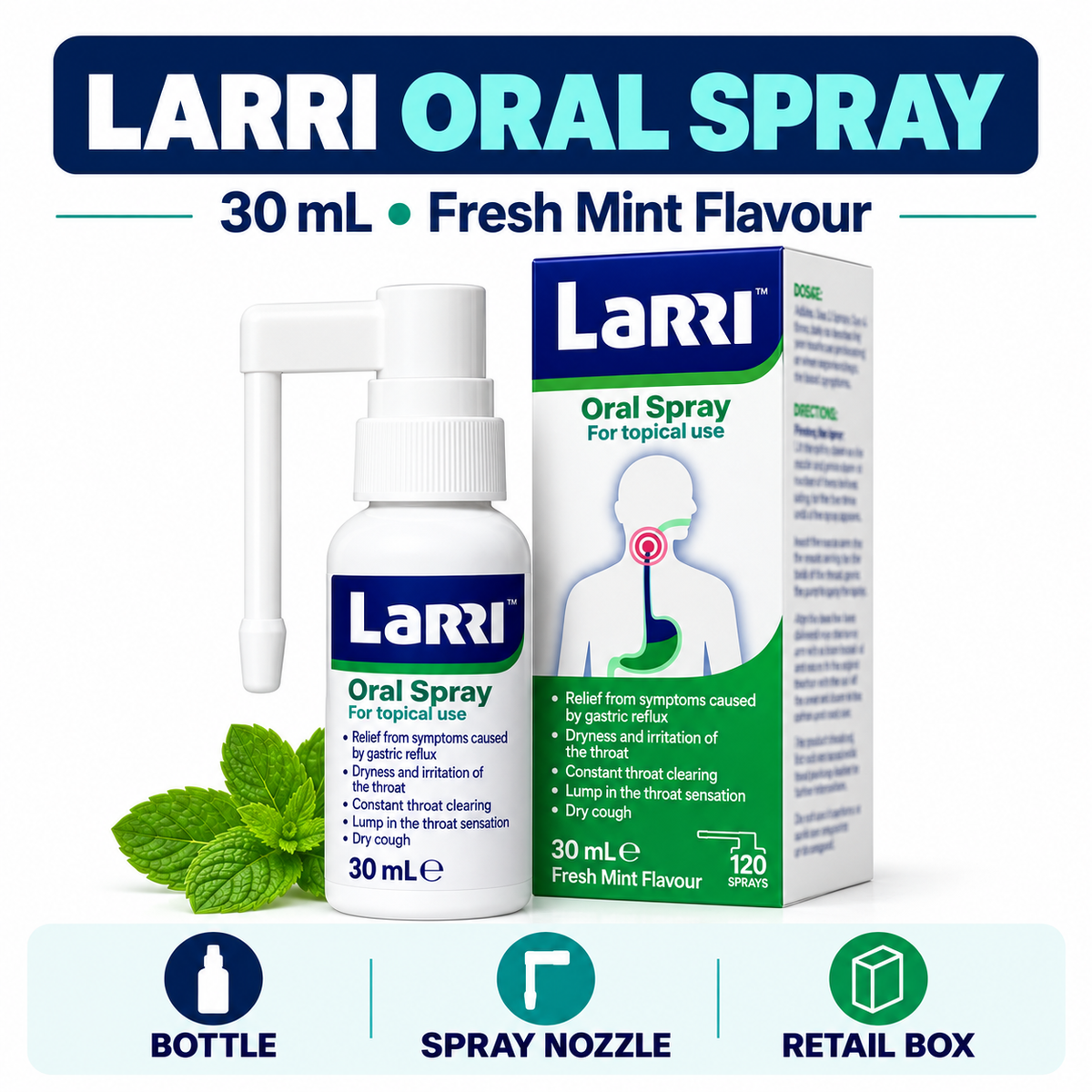 LARRI Oral Spray for Silent Reflux Symptoms, Fresh Mint, 30 mL
