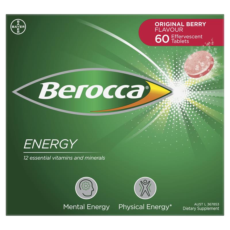 Berocca Energy Original Berry β 60 Effervescent Tablets β High-Potency Multivitamin with B Vitamins, Vitamin C, Magnesium & Zinc β Caffeine-Free, Vegan-Friendly