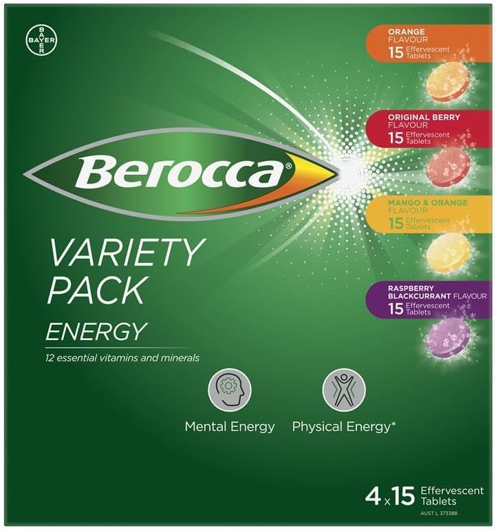 Berocca Energy Variety Pack โ 60 Effervescent Tablets (4 x 15) โ Daily Multivitamin with B Vitamins, Vitamin C, Zinc & Magnesium โ Vegan, Caffeine-Free