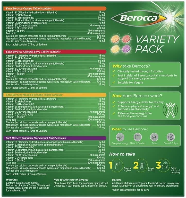 Berocca Energy Variety Pack โ 60 Effervescent Tablets (4 x 15) โ Daily Multivitamin with B Vitamins, Vitamin C, Zinc & Magnesium โ Vegan, Caffeine-Free