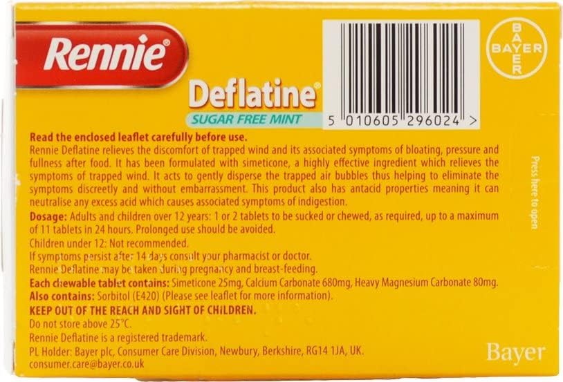 Rennie Deflatine – Wind & Bloating Relief Tablets, Sugar-Free Mint, 18 Chewable Tablets