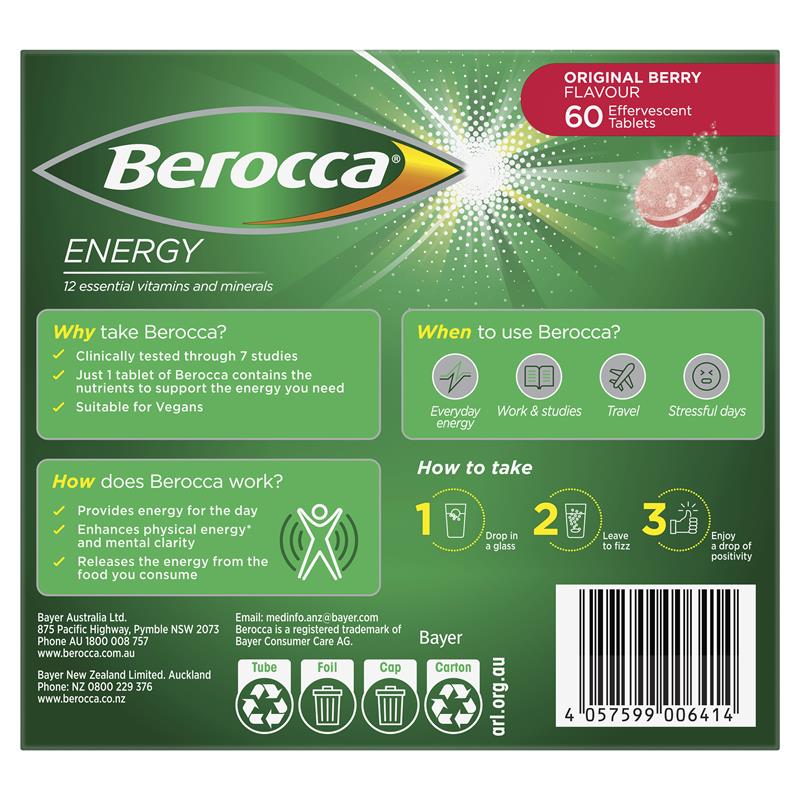Berocca Energy Original Berry β 60 Effervescent Tablets β High-Potency Multivitamin with B Vitamins, Vitamin C, Magnesium & Zinc β Caffeine-Free, Vegan-Friendly