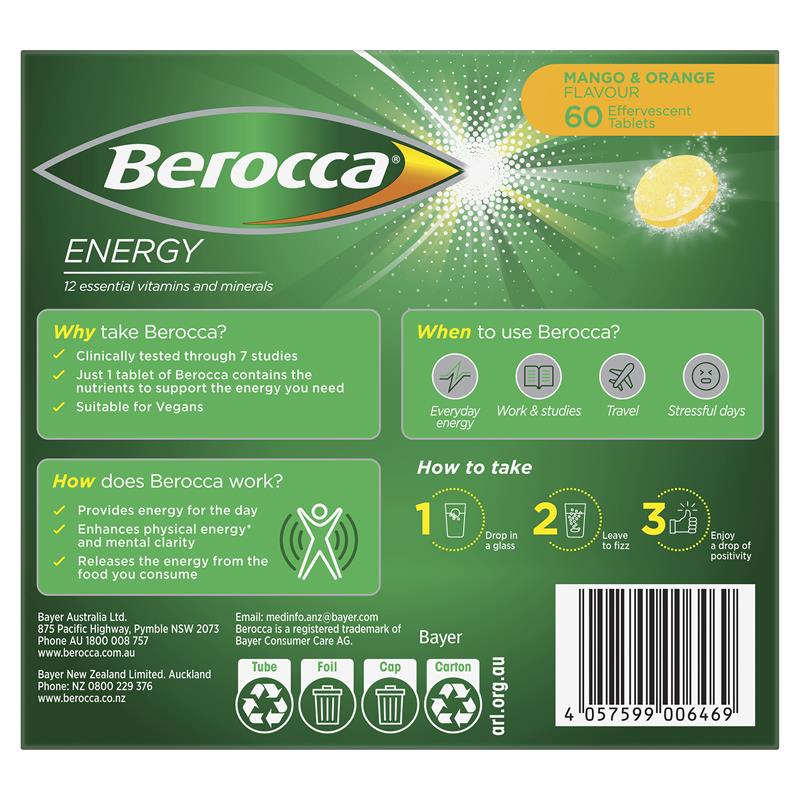 Berocca Energy Mango & Orange β 60 Effervescent Tablets β High-Potency Multivitamin with B Vitamins, Vitamin C, Magnesium & Zinc β Caffeine-Free, Vegan-Friendly