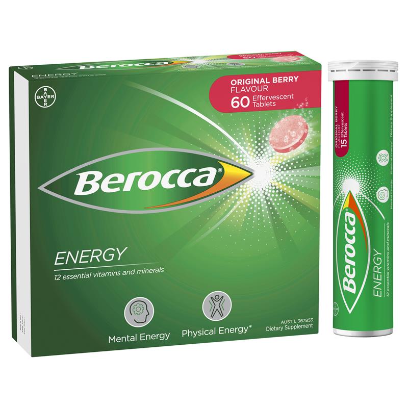 Berocca Energy Original Berry β 60 Effervescent Tablets β High-Potency Multivitamin with B Vitamins, Vitamin C, Magnesium & Zinc β Caffeine-Free, Vegan-Friendly