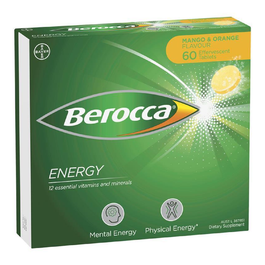 Berocca Energy Mango & Orange – 60 Effervescent Tablets – High-Potency Multivitamin with B Vitamins, Vitamin C, Magnesium & Zinc – Caffeine-Free, Vegan-Friendly