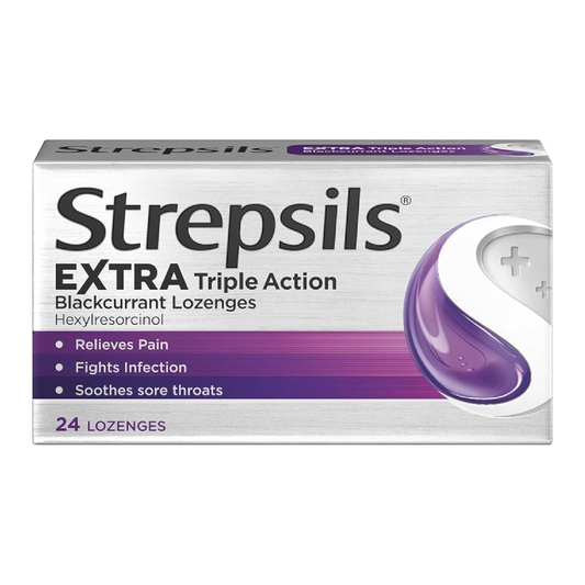 Strepsils Extra Triple Action – Blackcurrant Throat Lozenges, 24 Count