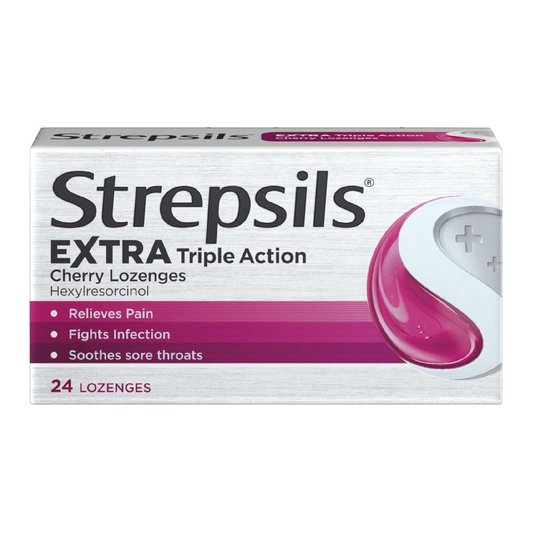 Strepsils Extra Triple Action – Cherry Throat Lozenges, 24 Count