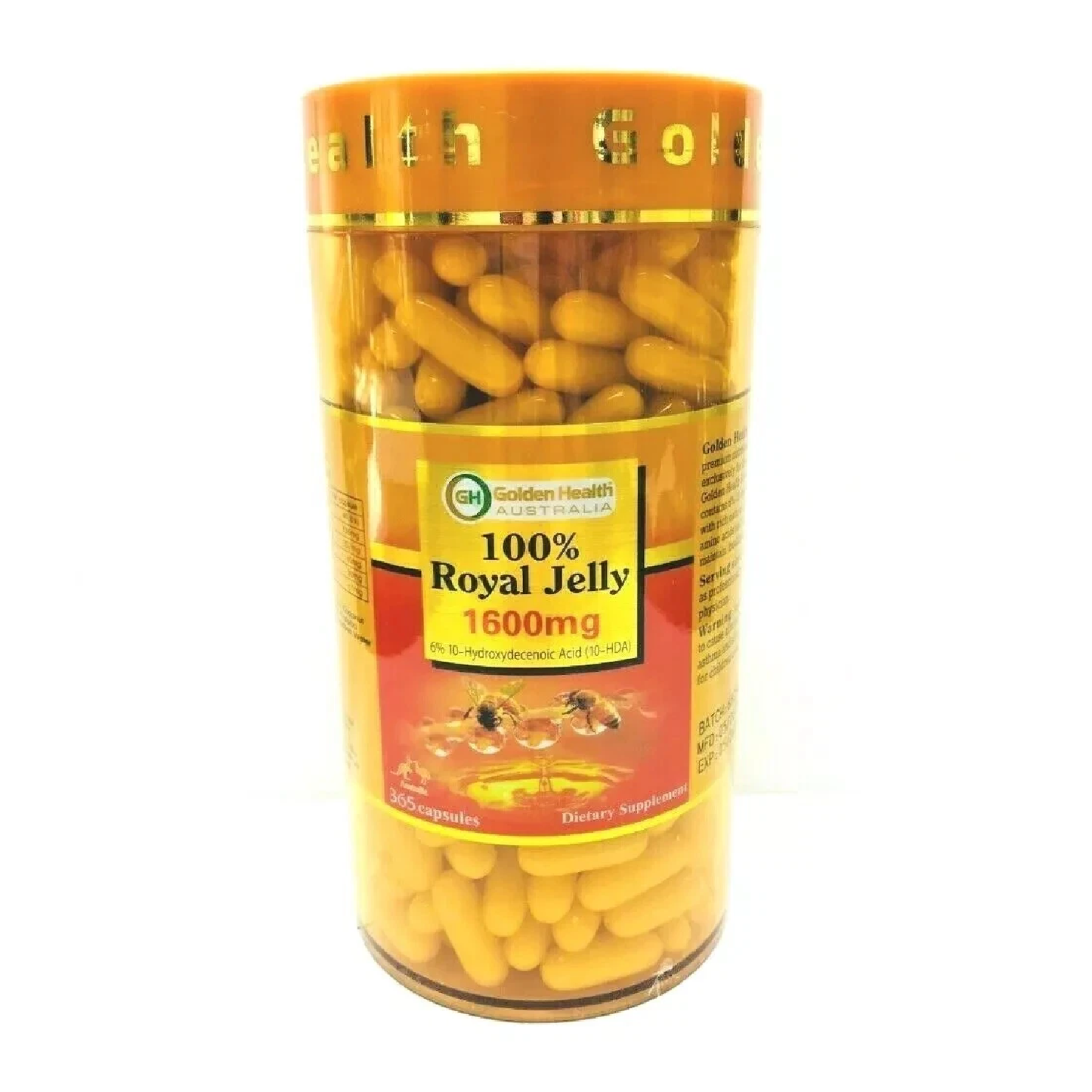 Golden Health Royal Jelly 1600mg – 365 Capsules with 6% 10-HDA for Energy & Immune Support