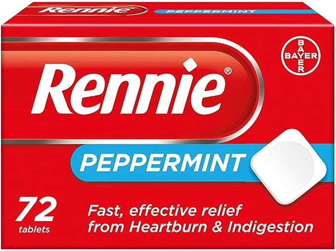 Rennie Peppermint Antacid Chewable Tablets for Heartburn, 72 Count