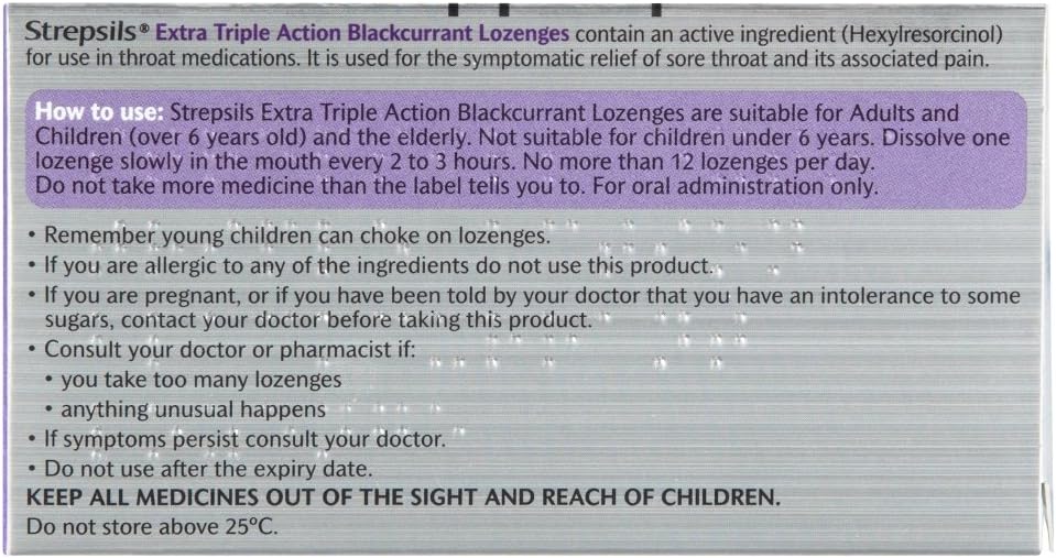 Strepsils Extra Triple Action – Blackcurrant Throat Lozenges, 24 Count