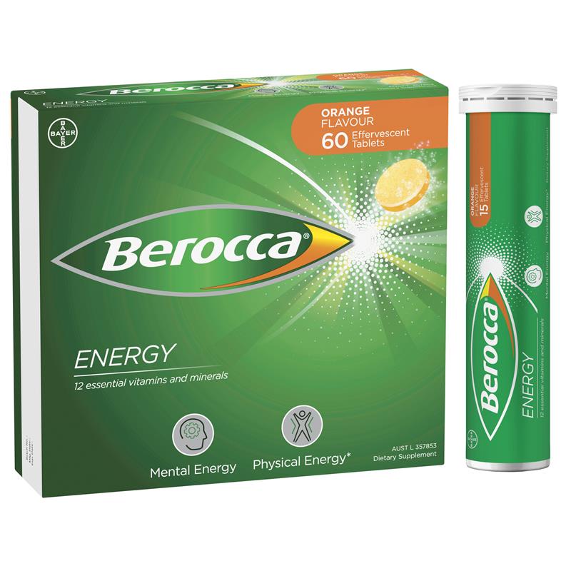 Berocca Energy Orange – 60 Effervescent Tablets – High-Potency Multivitamin with B Vitamins, Vitamin C, Magnesium & Zinc – Caffeine-Free, Vegan-Friendl