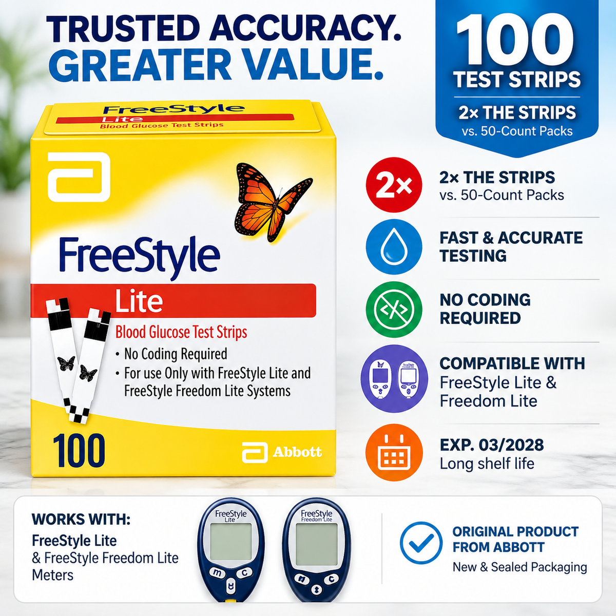 FreeStyle Lite Blood Glucose Test Strips, 100 Count