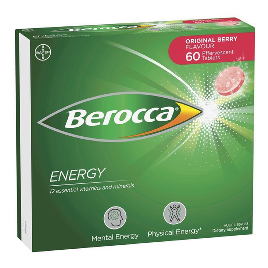 Berocca Energy Original Berry – 60 Effervescent Tablets – High-Potency Multivitamin with B Vitamins, Vitamin C, Magnesium & Zinc – Caffeine-Free, Vegan-Friendly