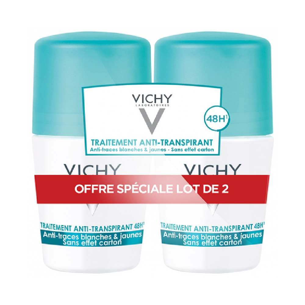 Vichy 48-Hour Anti-Streaks Antiperspirant Roll-On Deodorant, Twin Pack, 2 × 1.69 fl oz