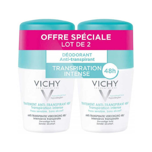 Vichy 48H Intensive Antiperspirant Roll-On for Sensitive Skin, 2 × 50 mL