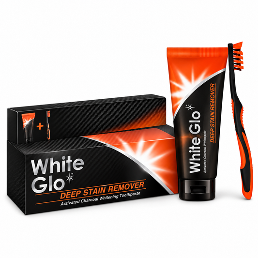 White Glo Deep Stain Remover Whitening Toothpaste 5.2 oz with Charcoal Infused Flosser Tip Toothbrush