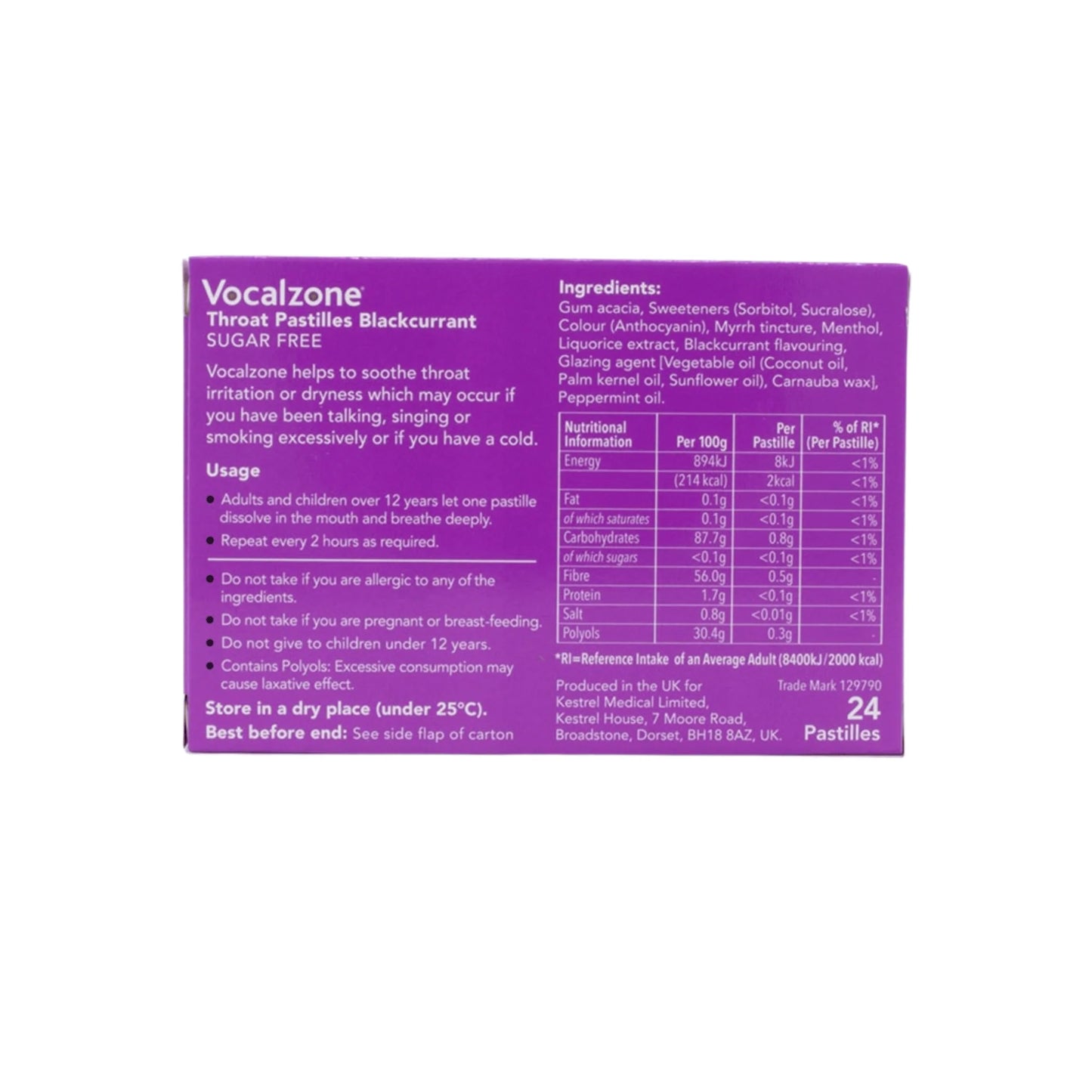 Vocalzone Blackcurrant Throat Pastilles – Sugar Free, 24 Pastilles