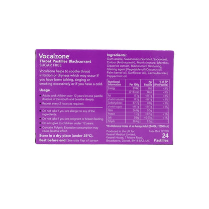 Vocalzone Blackcurrant Throat Pastilles – Sugar Free, 24 Pastilles